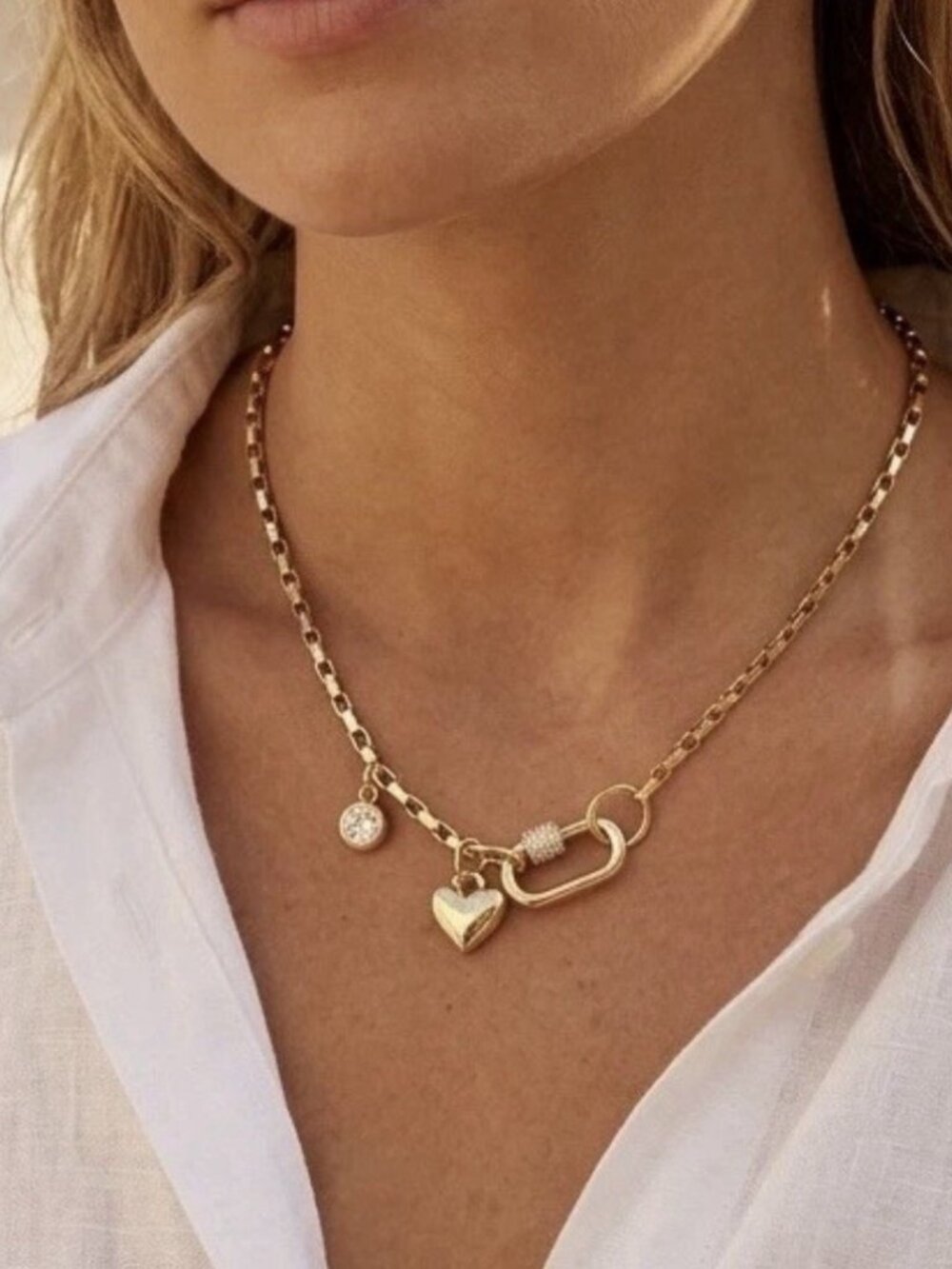 18K Gold Plated Locked Heart Carabiner Necklace Titanium Steal Womens Jewelry